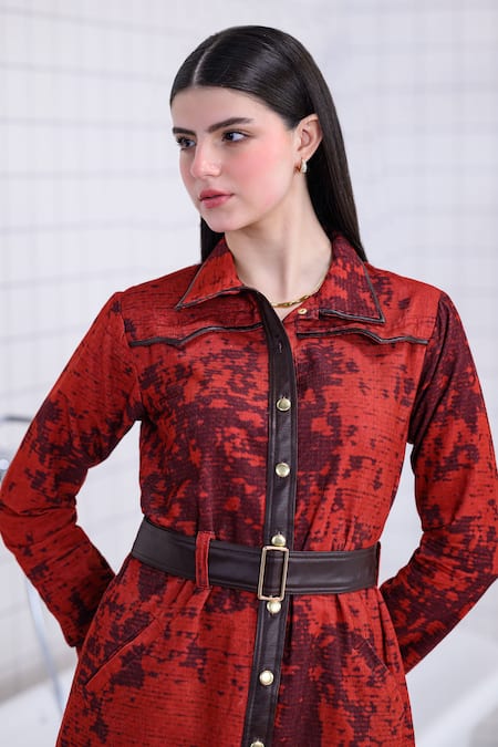 The Dramebaaz CO Red Corduroy Buckles Collared, V-neck Fiora Mini Dress Online at Aza Fashions The Dramebaaz CO_Red Corduroy Buckles Collared, V-neck Fiora Mini Dress _Online_at_Aza_Fashions