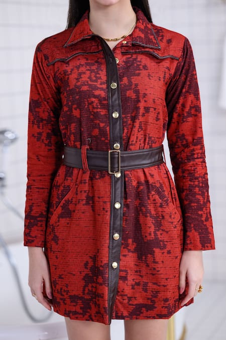 Buy The Dramebaaz CO Red Corduroy Buckles Collared, V-neck Fiora Mini Dress Online at Aza Fashions Buy_The Dramebaaz CO_Red Corduroy Buckles Collared, V-neck Fiora Mini Dress _Online_at_Aza_Fashions