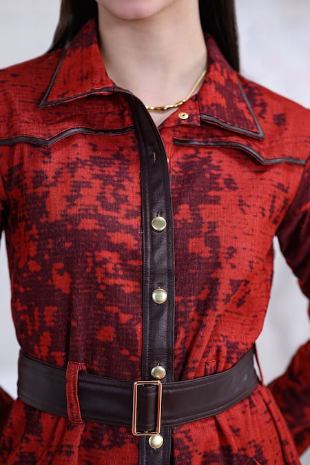 Buy The Dramebaaz CO Red Corduroy Buckles Collared, V-neck Fiora Mini Dress Buy_The Dramebaaz CO_Red Corduroy Buckles Collared, V-neck Fiora Mini Dress