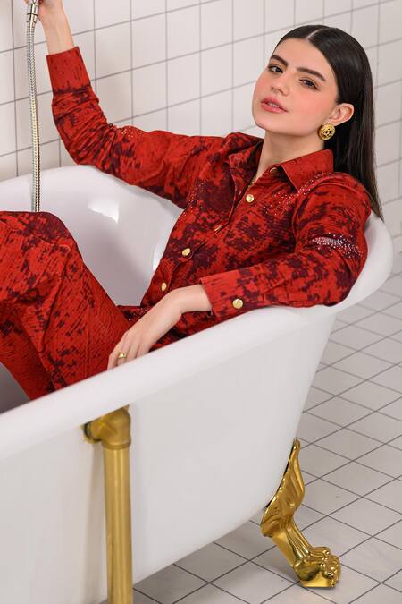Buy The Dramebaaz CO Red Corduroy Stones, Beads Collared, V-neck Ferox Shirt And Pant Co-ord Set Online at Aza Fashions Buy_The Dramebaaz CO_Red Corduroy Stones, Beads Collared, V-neck Ferox Shirt And Pant Co-ord Set _Online_at_Aza_Fashions