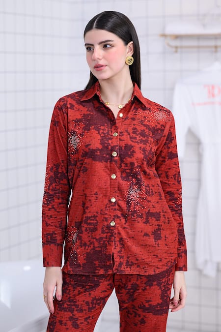 Shop The Dramebaaz CO Red Corduroy Stones, Beads Collared, V-neck Ferox Shirt And Pant Co-ord Set Online at Aza Fashions Shop_The Dramebaaz CO_Red Corduroy Stones, Beads Collared, V-neck Ferox Shirt And Pant Co-ord Set _Online_at_Aza_Fashions