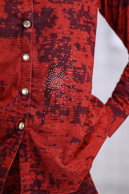 Buy The Dramebaaz CO Red Corduroy Stones, Beads Collared, V-neck Ferox Shirt And Pant Co-ord Set Buy_The Dramebaaz CO_Red Corduroy Stones, Beads Collared, V-neck Ferox Shirt And Pant Co-ord Set