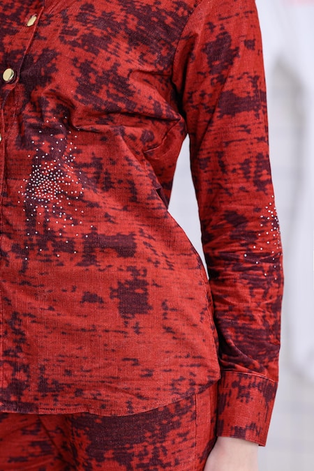 Shop The Dramebaaz CO Red Corduroy Stones, Beads Collared, V-neck Ferox Shirt And Pant Co-ord Set Shop_The Dramebaaz CO_Red Corduroy Stones, Beads Collared, V-neck Ferox Shirt And Pant Co-ord Set