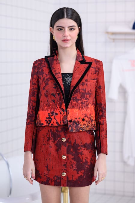 The Dramebaaz CO_Red Corduroy Rouge Blazer And Skirt Co-ord Set _Online_at_Aza_Fashions