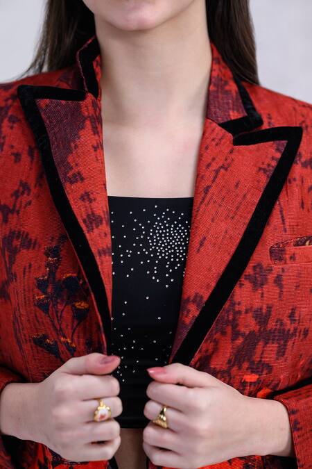 The Dramebaaz CO_Red Corduroy Rouge Blazer And Skirt Co-ord Set _at_Aza_Fashions