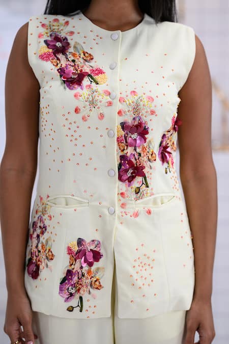 Shop_The Dramebaaz CO_Off White Georgette Applique, Mirage Floral Patchwork Waistcoat With Pant _Online_at_Aza_Fashions