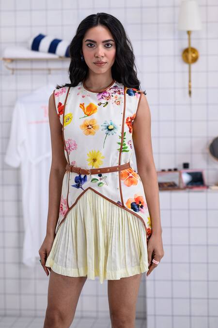 The Dramebaaz CO_Off White Chanderi Studs Round Neck Isabella Hand Painted Floral Dress _Online_at_Aza_Fashions