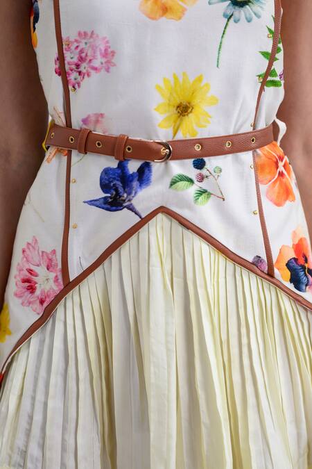 Buy_The Dramebaaz CO_Off White Chanderi Studs Round Neck Isabella Hand Painted Floral Dress _Online_at_Aza_Fashions