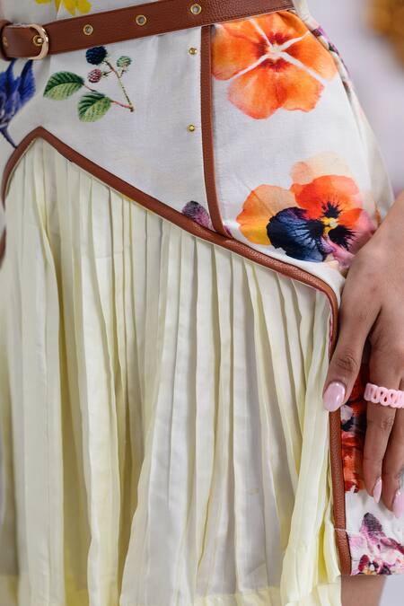 Shop_The Dramebaaz CO_Off White Chanderi Studs Round Neck Isabella Hand Painted Floral Dress _Online_at_Aza_Fashions