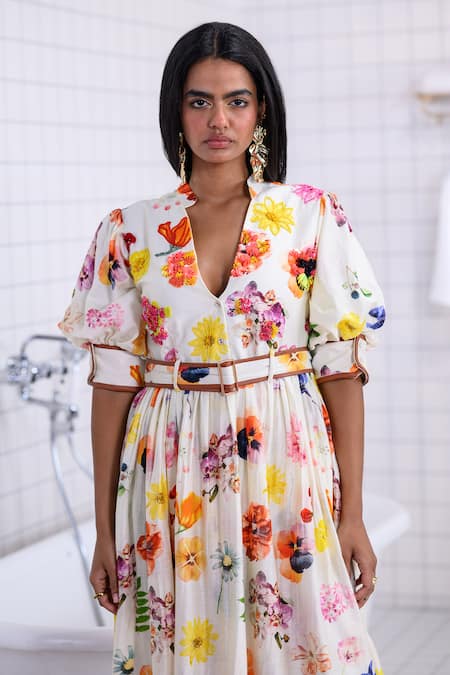 The Dramebaaz CO_Off White Chanderi Beads, Sequins, Fabric Flowers Meadow Floral Muse Dress _Online_at_Aza_Fashions