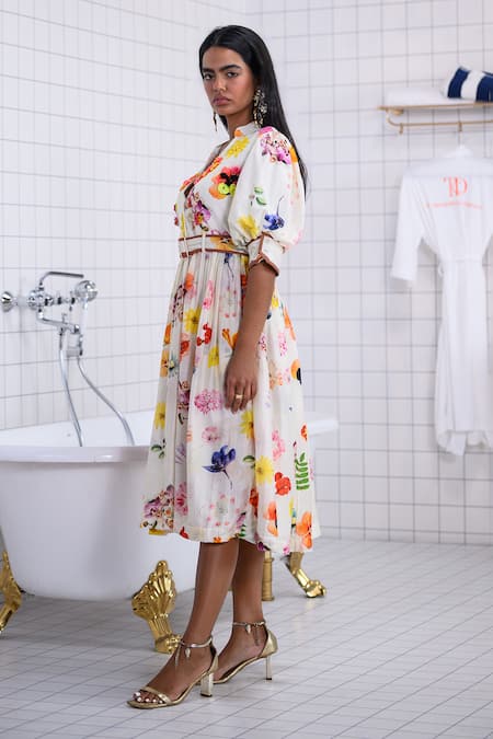 Buy_The Dramebaaz CO_Off White Chanderi Beads, Sequins, Fabric Flowers Meadow Floral Muse Dress _Online_at_Aza_Fashions