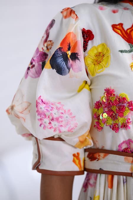 The Dramebaaz CO_Off White Chanderi Beads, Sequins, Fabric Flowers Meadow Floral Muse Dress _at_Aza_Fashions