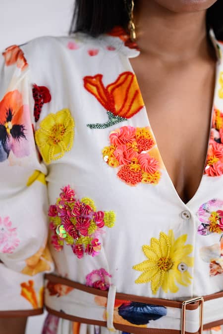 Buy_The Dramebaaz CO_Off White Chanderi Beads, Sequins, Fabric Flowers Meadow Floral Muse Dress 