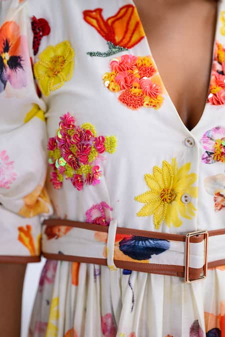 Shop_The Dramebaaz CO_Off White Chanderi Beads, Sequins, Fabric Flowers Meadow Floral Muse Dress 