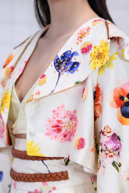 The Dramebaaz CO_Off White Chanderi, Georgette Wildflower Waltz Jacket And Pant Co-cord Set _Online_at_Aza_Fashions