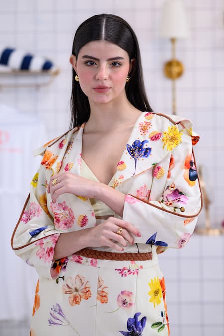 Buy_The Dramebaaz CO_Off White Chanderi, Georgette Wildflower Waltz Jacket And Pant Co-cord Set _Online_at_Aza_Fashions