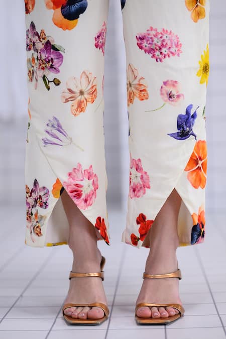 Shop_The Dramebaaz CO_Off White Chanderi, Georgette Wildflower Waltz Jacket And Pant Co-cord Set _Online_at_Aza_Fashions