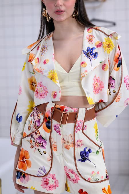 Shop_The Dramebaaz CO_Off White Chanderi, Georgette Wildflower Waltz Jacket And Shorts Co-ord Set _Online_at_Aza_Fashions