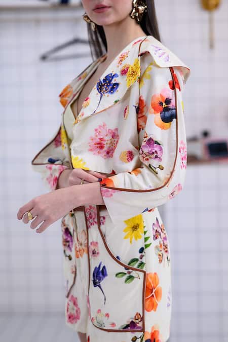 The Dramebaaz CO_Off White Chanderi, Georgette Wildflower Waltz Jacket And Shorts Co-ord Set _at_Aza_Fashions