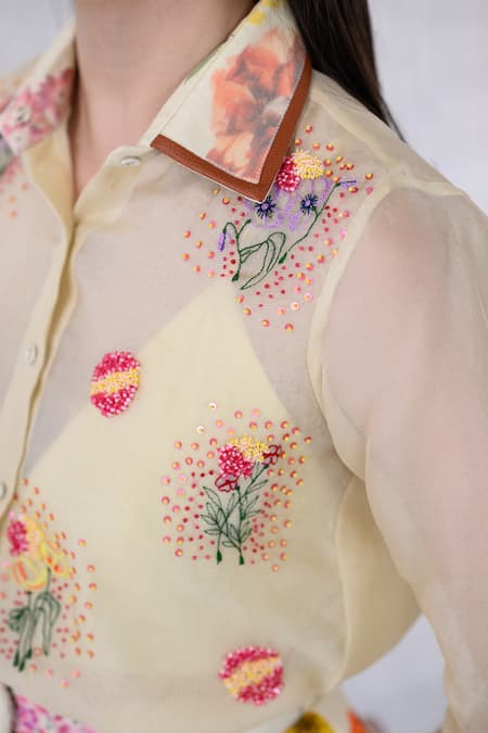 The Dramebaaz CO_Off White Organza Embroidery, Sequins, Beads Golden Dew Floral Bunch Shirt _Online_at_Aza_Fashions