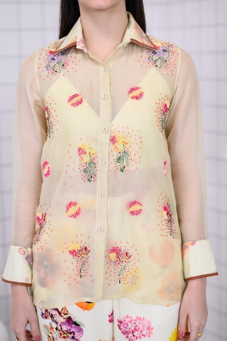 Buy_The Dramebaaz CO_Off White Organza Embroidery, Sequins, Beads Golden Dew Floral Bunch Shirt _Online_at_Aza_Fashions