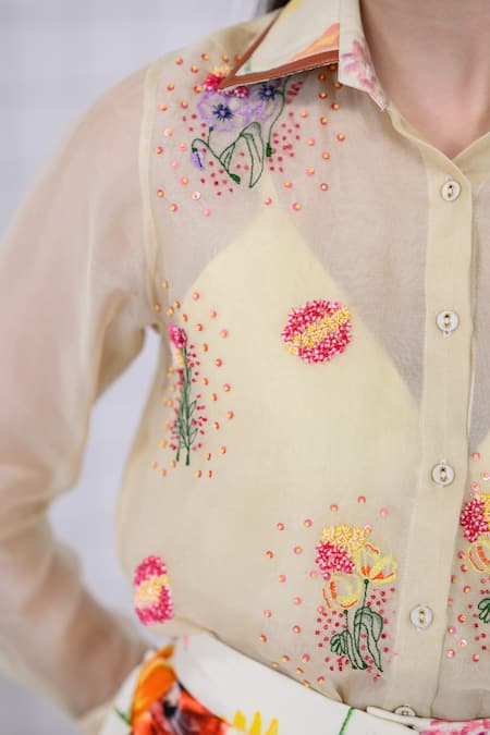 Shop_The Dramebaaz CO_Off White Organza Embroidery, Sequins, Beads Golden Dew Floral Bunch Shirt _Online_at_Aza_Fashions