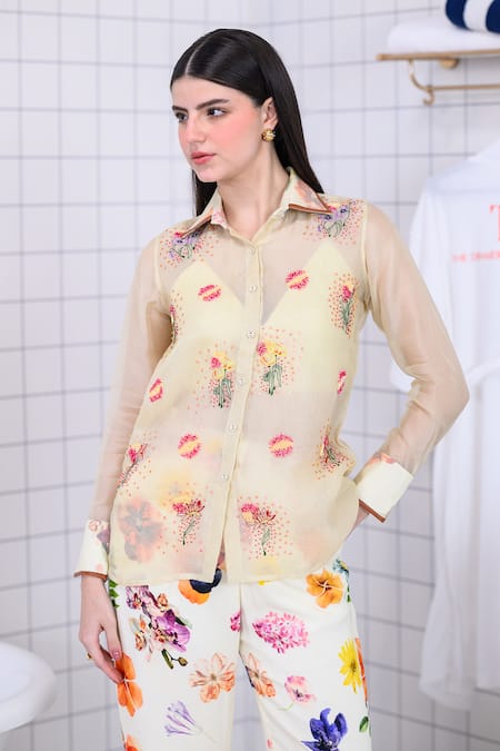 Buy_The Dramebaaz CO_Off White Organza Embroidery, Sequins, Beads Golden Dew Floral Bunch Shirt 