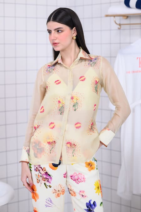 Buy_The Dramebaaz CO_Off White Organza, Georgette Embroidery, Floral Illusion Shirt And Trouser Set _Online_at_Aza_Fashions