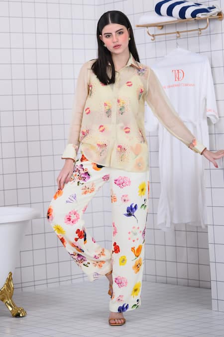 The Dramebaaz CO_Off White Organza, Georgette Embroidery, Floral Illusion Shirt And Trouser Set _at_Aza_Fashions