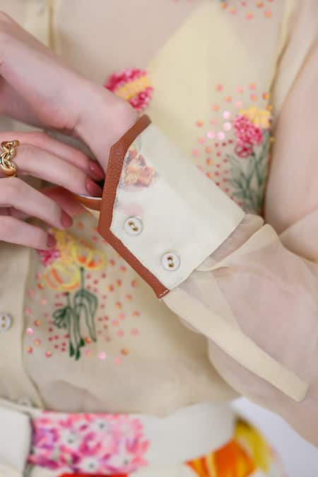 The Dramebaaz CO Yellow Organza, Georgette Beads, Sequins, Floral Illusion Shirt And Shorts Set at Aza Fashions The Dramebaaz CO_Yellow Organza, Georgette Beads, Sequins, Floral Illusion Shirt And Shorts Set _at_Aza_Fashions