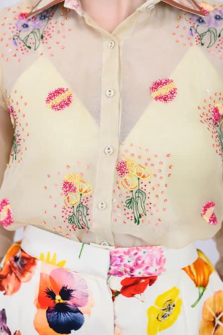 Buy The Dramebaaz CO Yellow Organza, Georgette Beads, Sequins, Floral Illusion Shirt And Shorts Set Buy_The Dramebaaz CO_Yellow Organza, Georgette Beads, Sequins, Floral Illusion Shirt And Shorts Set