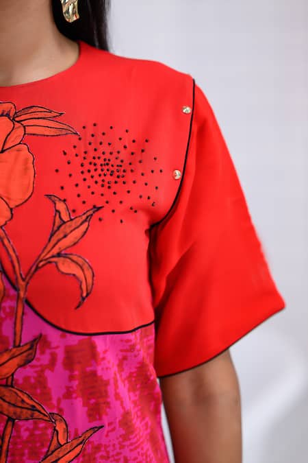 Buy The Dramebaaz CO Pink Georgette Beads, Embroidery, Patchwork Round Neck Liana Floral Vine Dress Online at Aza Fashions Buy_The Dramebaaz CO_Pink Georgette Beads, Embroidery, Patchwork Round Neck Liana Floral Vine Dress _Online_at_Aza_Fashions