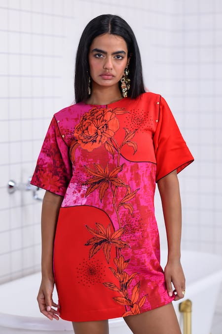 Buy The Dramebaaz CO Pink Georgette Beads, Embroidery, Patchwork Round Neck Liana Floral Vine Dress Buy_The Dramebaaz CO_Pink Georgette Beads, Embroidery, Patchwork Round Neck Liana Floral Vine Dress