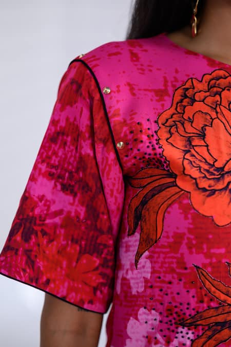 Shop The Dramebaaz CO Pink Georgette Beads, Embroidery, Patchwork Round Neck Liana Floral Vine Dress Shop_The Dramebaaz CO_Pink Georgette Beads, Embroidery, Patchwork Round Neck Liana Floral Vine Dress