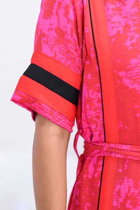 The Dramebaaz CO_Pink Georgette Collared, V-neck Rebel Polo Shirt Dress _at_Aza_Fashions