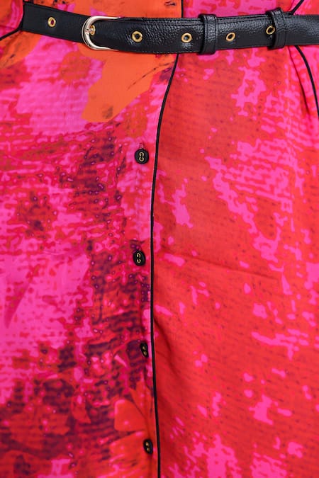 The Dramebaaz CO_Pink Georgette Studs, Buckles V-neck, Collared Carmine Midi Dress _Online_at_Aza_Fashions