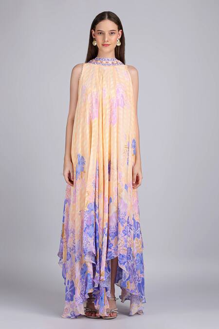 Mandira Wirk_Ivory Chiffon Sequins, Beads High Denser Duo Corsage Placement Print Low Dress _Online_at_Aza_Fashions