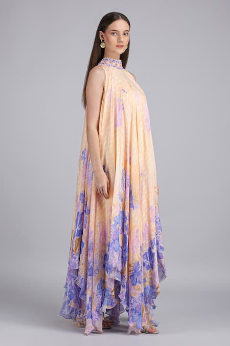 Shop_Mandira Wirk_Ivory Chiffon Sequins, Beads High Denser Duo Corsage Placement Print Low Dress _Online_at_Aza_Fashions