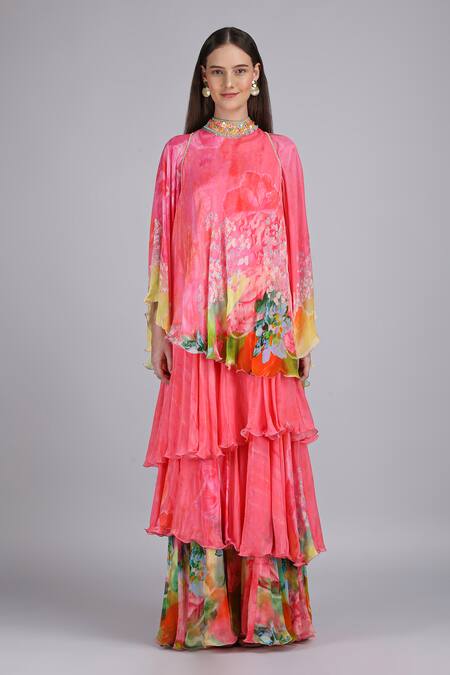Mandira Wirk_Pink Chiffon Sequins, Beads High Neck Surge Surface Funa Layered Dress _Online_at_Aza_Fashions