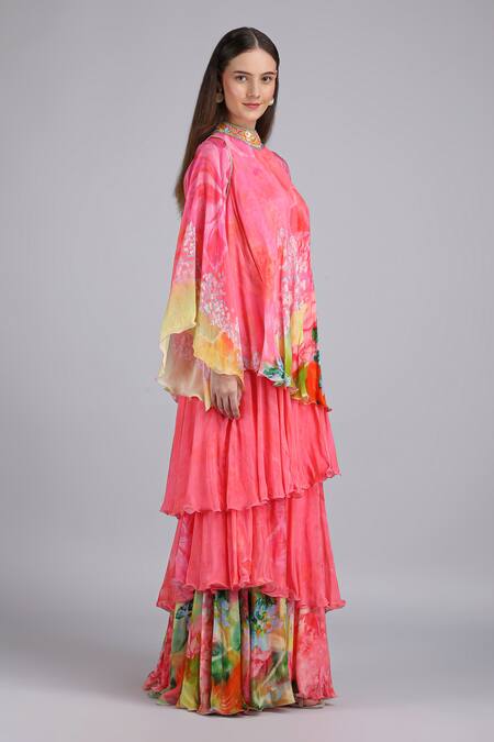 Shop_Mandira Wirk_Pink Chiffon Sequins, Beads High Neck Surge Surface Funa Layered Dress _Online_at_Aza_Fashions