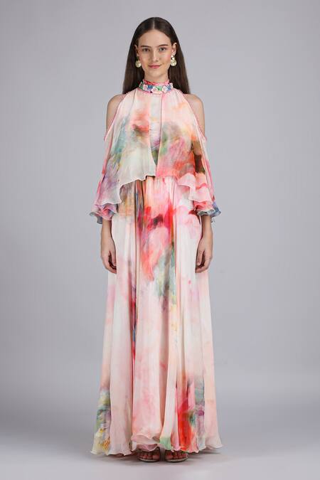 Mandira Wirk_Pink Chiffon Fabric Flowers, Foil Floral Maze Cold Shoulder Printed Dress _Online_at_Aza_Fashions