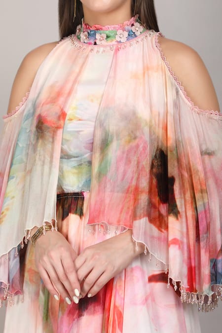 Shop_Mandira Wirk_Pink Chiffon Fabric Flowers, Foil Floral Maze Cold Shoulder Printed Dress _Online_at_Aza_Fashions