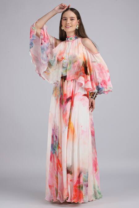 Mandira Wirk_Pink Chiffon Fabric Flowers, Foil Floral Maze Cold Shoulder Printed Dress _at_Aza_Fashions