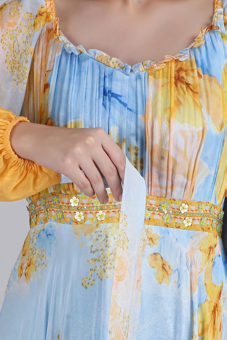 Shop_Mandira Wirk_Blue Chiffon Embroidery, Sequins, Fabric Flowers Flora Fairy Bloom Print Dress _Online_at_Aza_Fashions