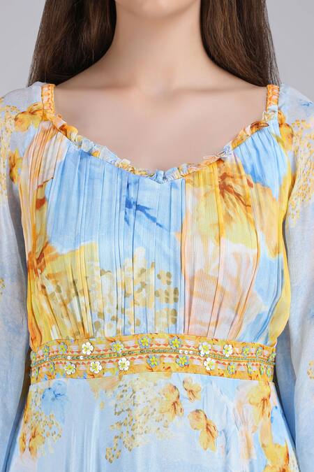 Mandira Wirk_Blue Chiffon Embroidery, Sequins, Fabric Flowers Flora Fairy Bloom Print Dress _at_Aza_Fashions