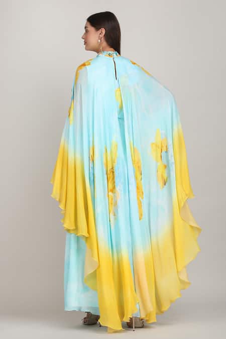 Mandira Wirk_Blue Chiffon Embroidery, Beads, Aurora Bloom Tonal Teal Placement Print Dress _Online_at_Aza_Fashions