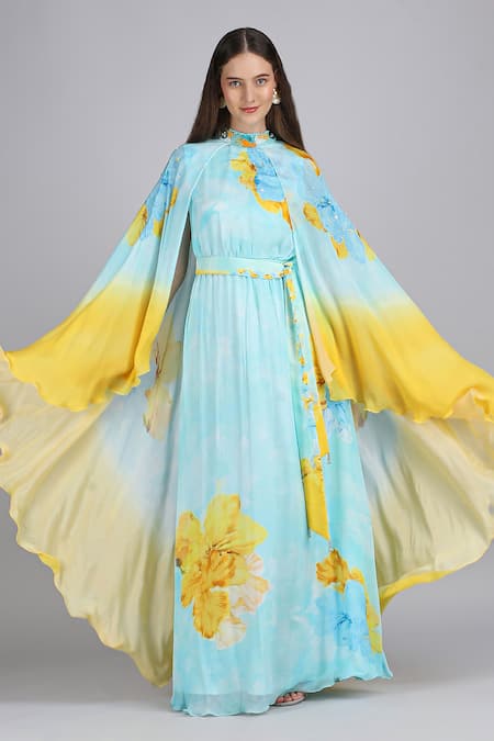 Buy_Mandira Wirk_Blue Chiffon Embroidery, Beads, Aurora Bloom Tonal Teal Placement Print Dress _Online_at_Aza_Fashions