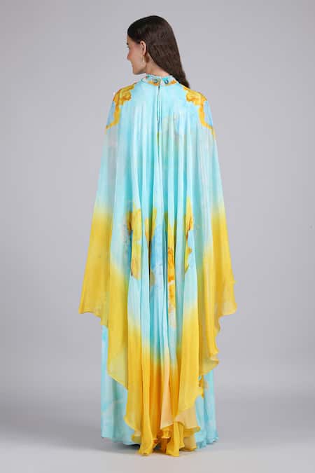 Mandira Wirk Aurora Bloom Tonal Teal Placement Print Dress 