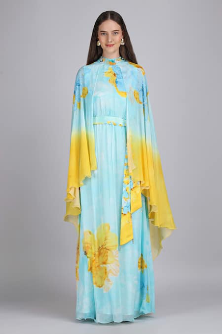 Shop_Mandira Wirk_Blue Chiffon Embroidery, Beads, Aurora Bloom Tonal Teal Placement Print Dress _Online_at_Aza_Fashions