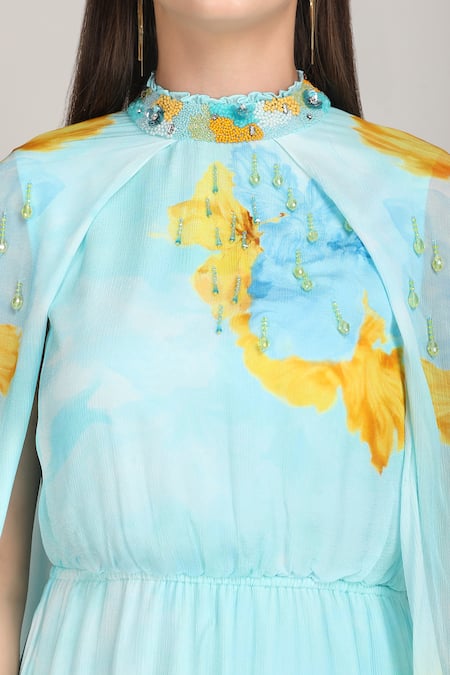 Buy_Mandira Wirk_Blue Chiffon Embroidery, Beads, Aurora Bloom Tonal Teal Placement Print Dress 